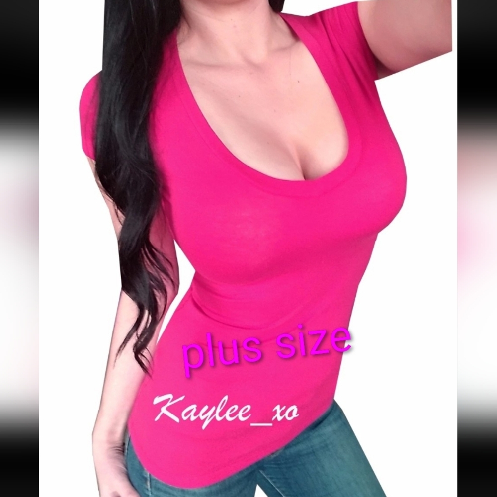 Plus Size❤️Women Fuchsia Lowcut vneck solid short sleeve tshirt top